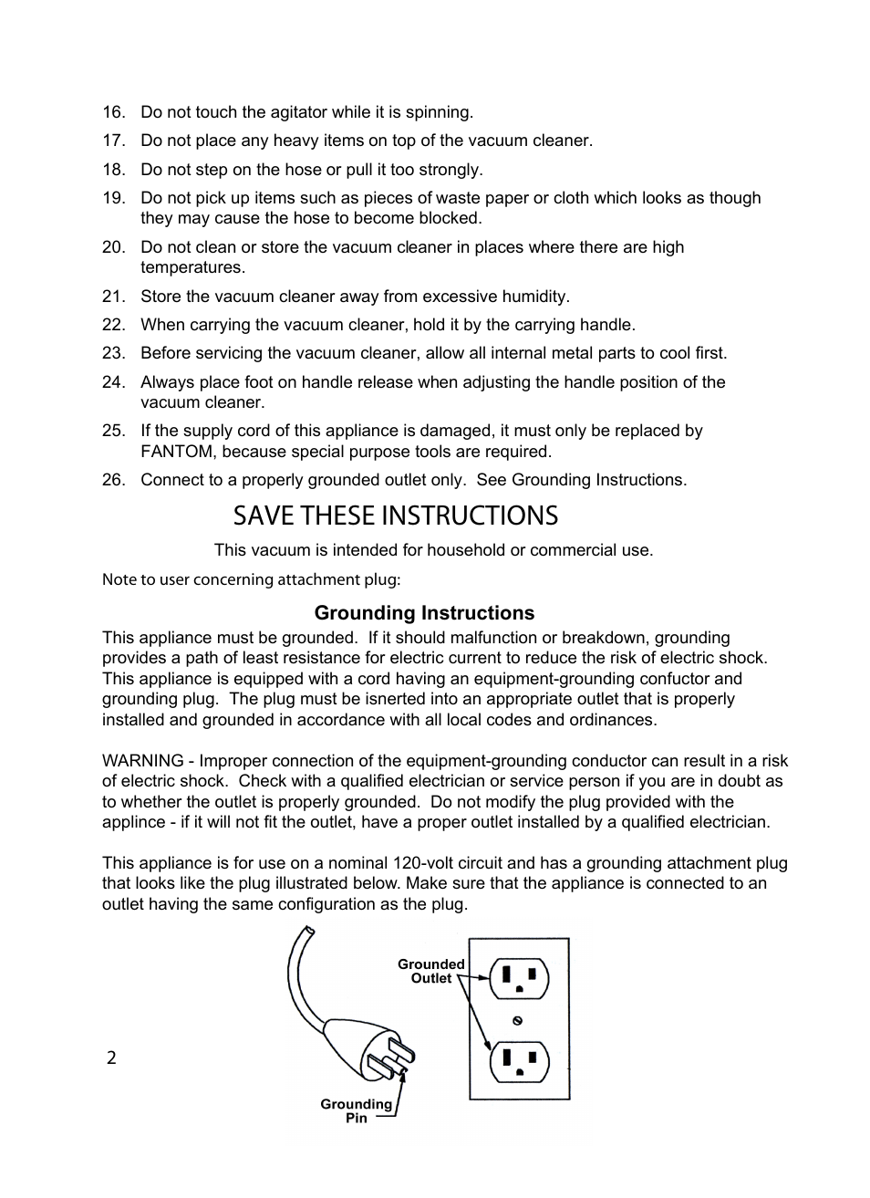 Save these instructions | Fantom Vacuum FM744H User Manual | Page 4 / 21