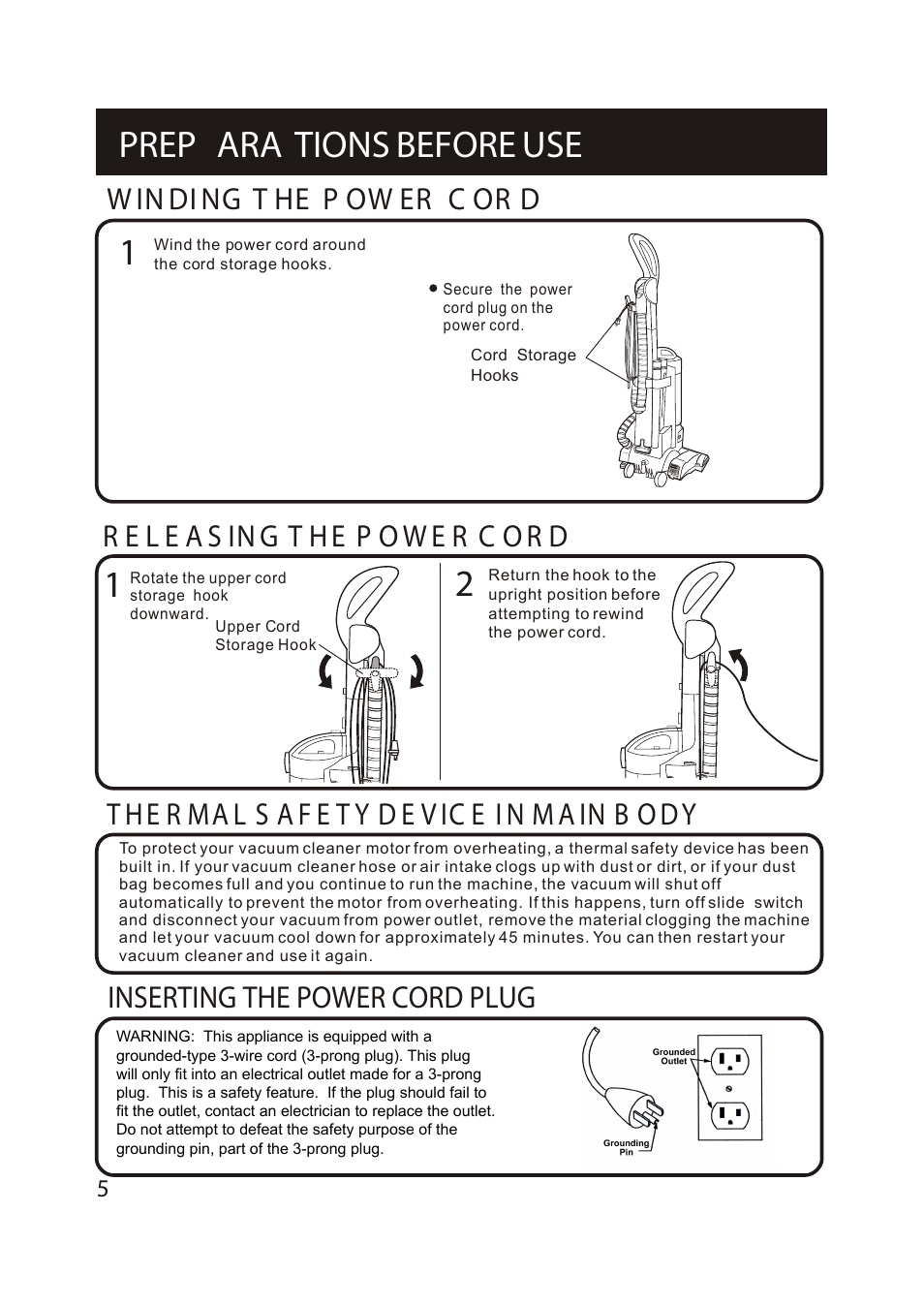 Prep ara tions before use, W in di ng t he p ow er c or d, Inserting the power cord plug | Fantom Vacuum FM744H User Manual | Page 7 / 21