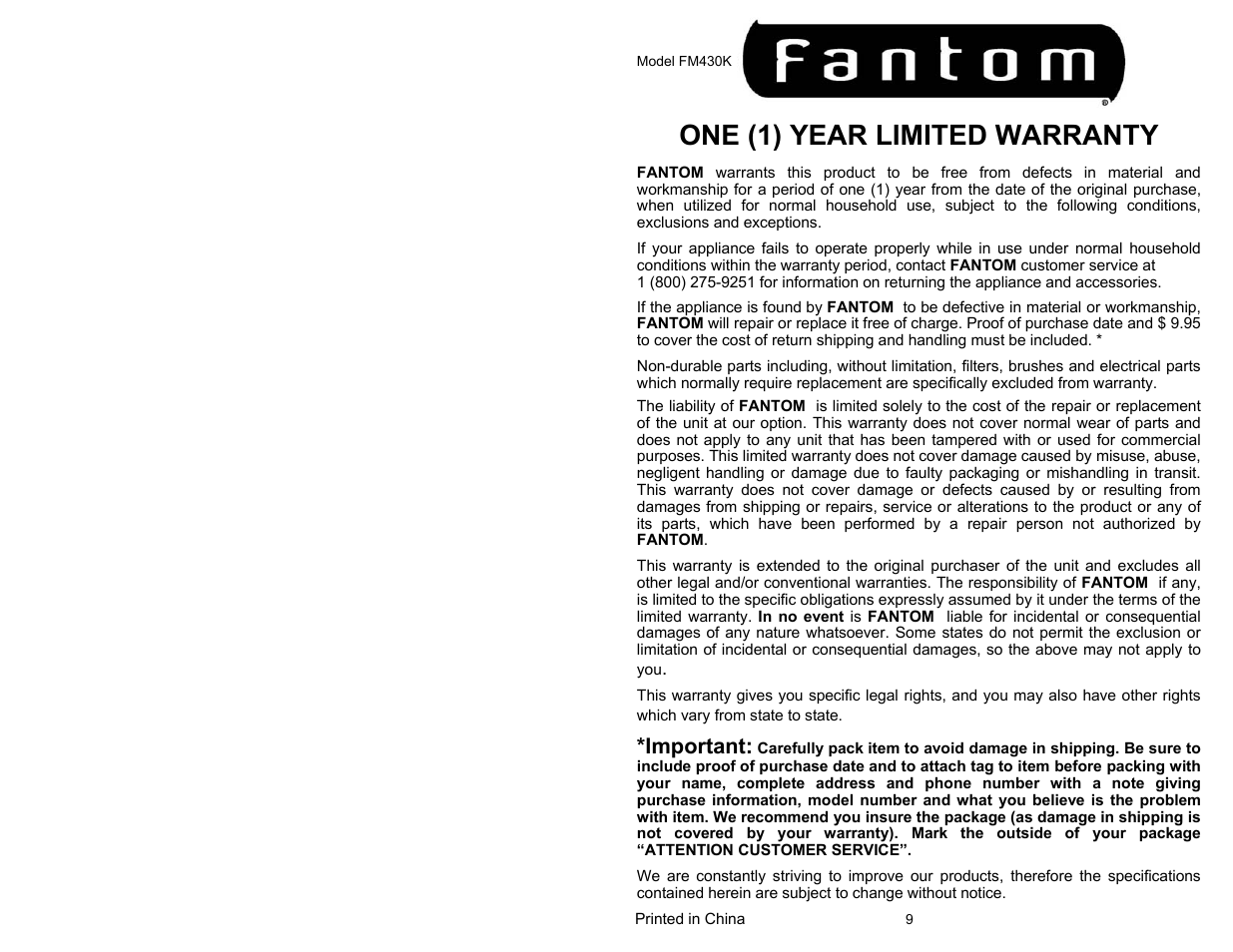 One (1) year limited warranty, Important | Fantom Vacuum FANTOM FM430K User Manual | Page 2 / 6