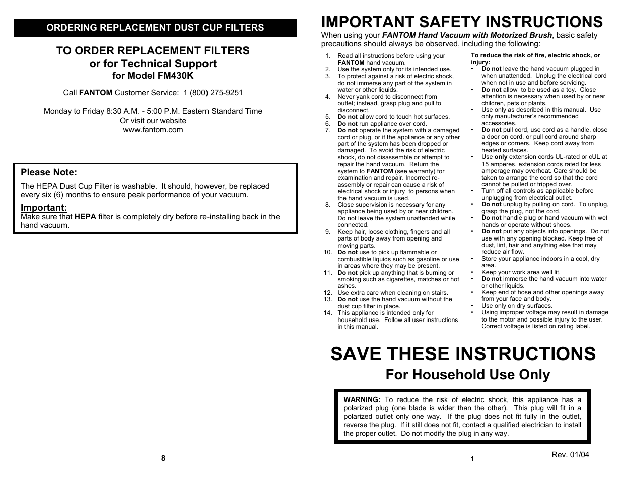 Save these instructions, Important safety instructions, For household use only | Ordering replacement dust cup filters, For model fm430k, Important | Fantom Vacuum FANTOM FM430K User Manual | Page 3 / 6