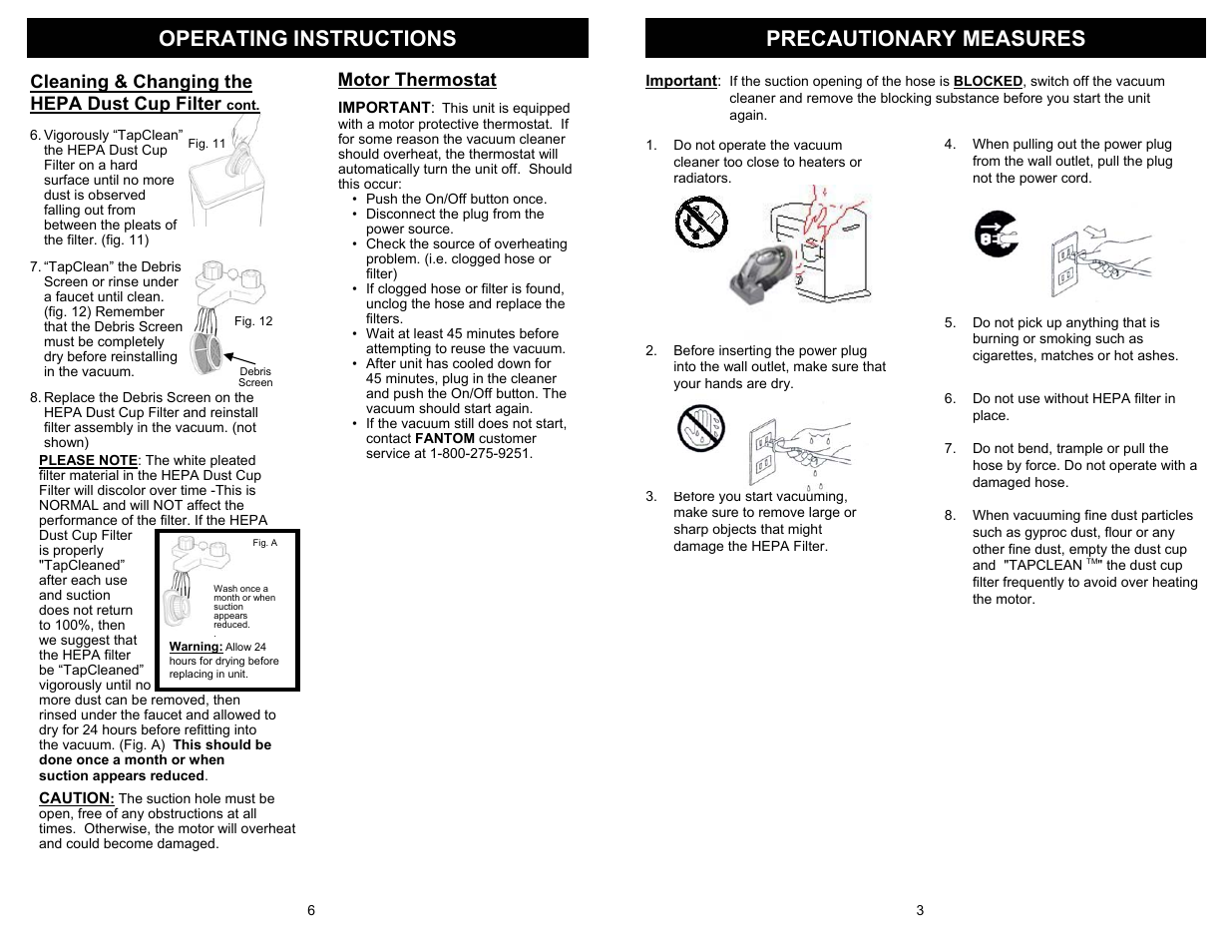 Precautionary measures operating instructions, Cleaning & changing the hepa dust cup filter, Motor thermostat | Fantom Vacuum FANTOM FM430K User Manual | Page 5 / 6