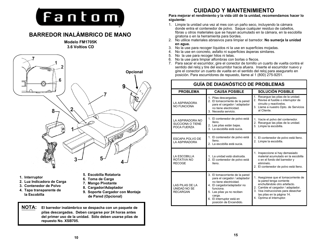 Cuidado y mantenimiento, Barredor inalámbrico de mano, Nota | Guía de diagnóstico de problemas | Fantom Vacuum FM1705K User Manual | Page 12 / 14