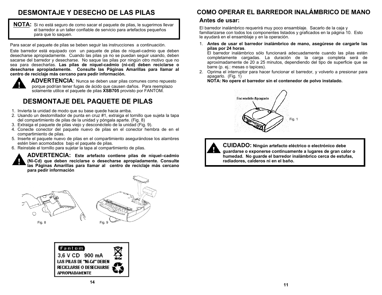 Desmontaje y desecho de las pilas, Desmontaje del paquete de pilas, Como operar el barredor inalámbrico de mano | Fantom Vacuum FM1705K User Manual | Page 13 / 14