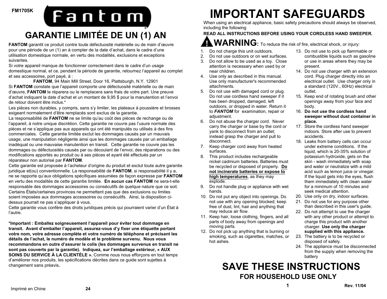 Important safeguards, Save these instructions, Garantie limitée de un (1) an | Warning, For household use only | Fantom Vacuum FM1705K User Manual | Page 3 / 14