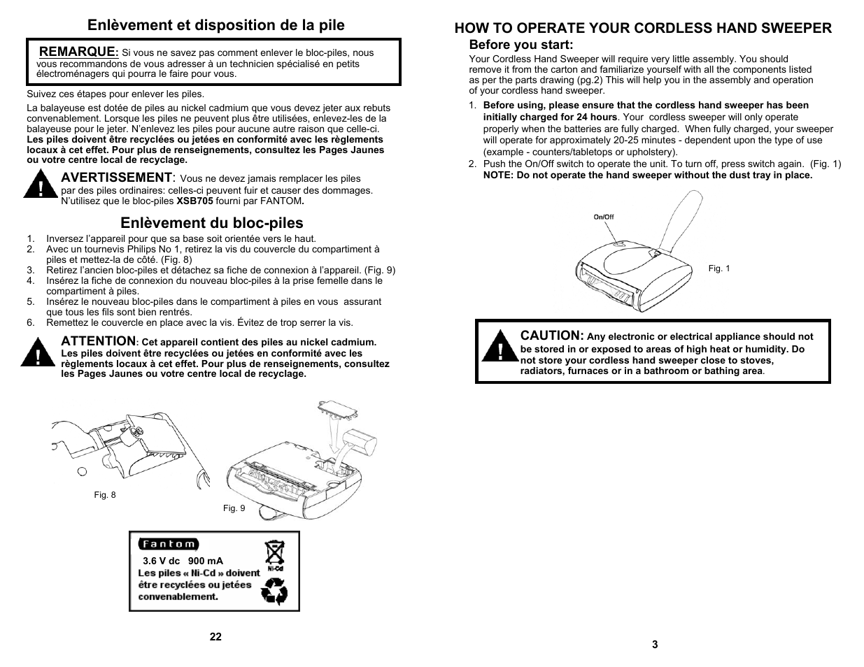 Enlèvement et disposition de la pile, Enlèvement du bloc-piles, How to operate your cordless hand sweeper | Fantom Vacuum FM1705K User Manual | Page 5 / 14