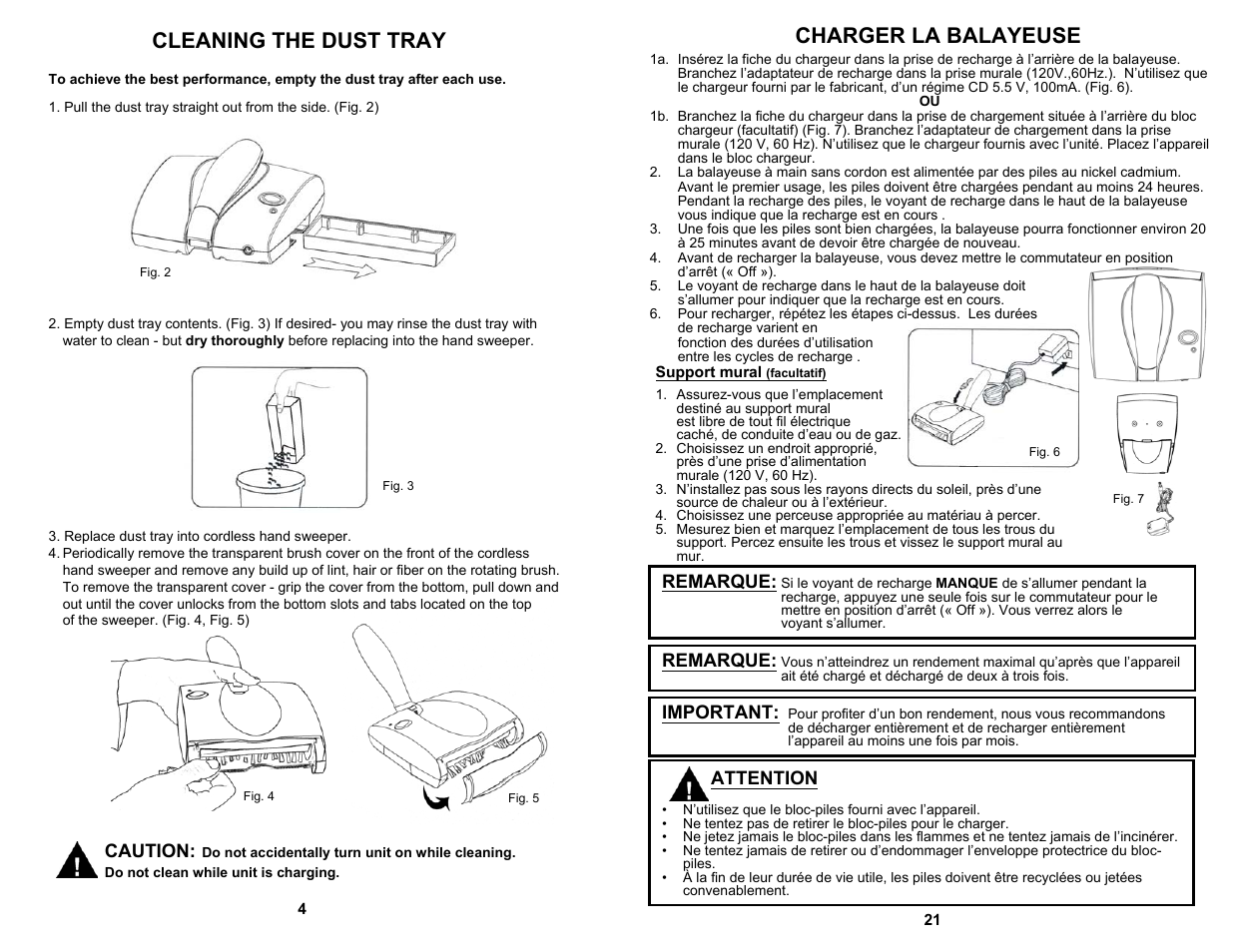 Charger la balayeuse, Cleaning the dust tray, Caution | Attention, Remarque, Important | Fantom Vacuum FM1705K User Manual | Page 6 / 14