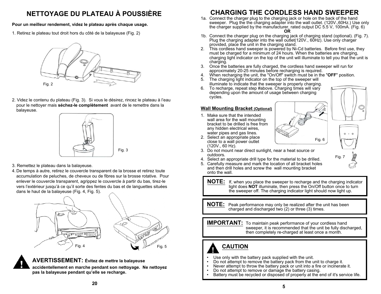 Charging the cordless hand sweeper, Nettoyage du plateau à poussière, Caution | Avertissement, Important | Fantom Vacuum FM1705K User Manual | Page 7 / 14