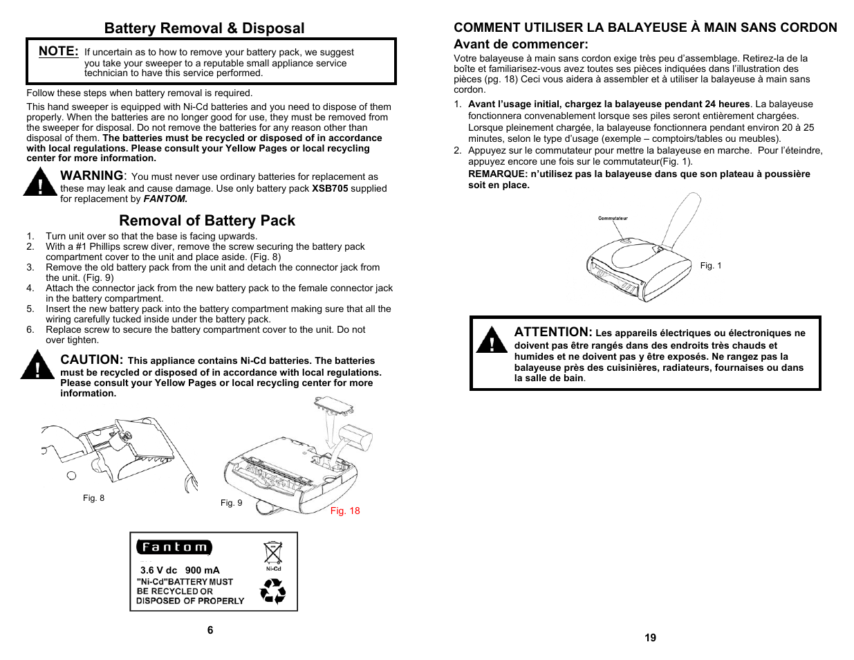 Battery removal & disposal, Removal of battery pack | Fantom Vacuum FM1705K User Manual | Page 8 / 14
