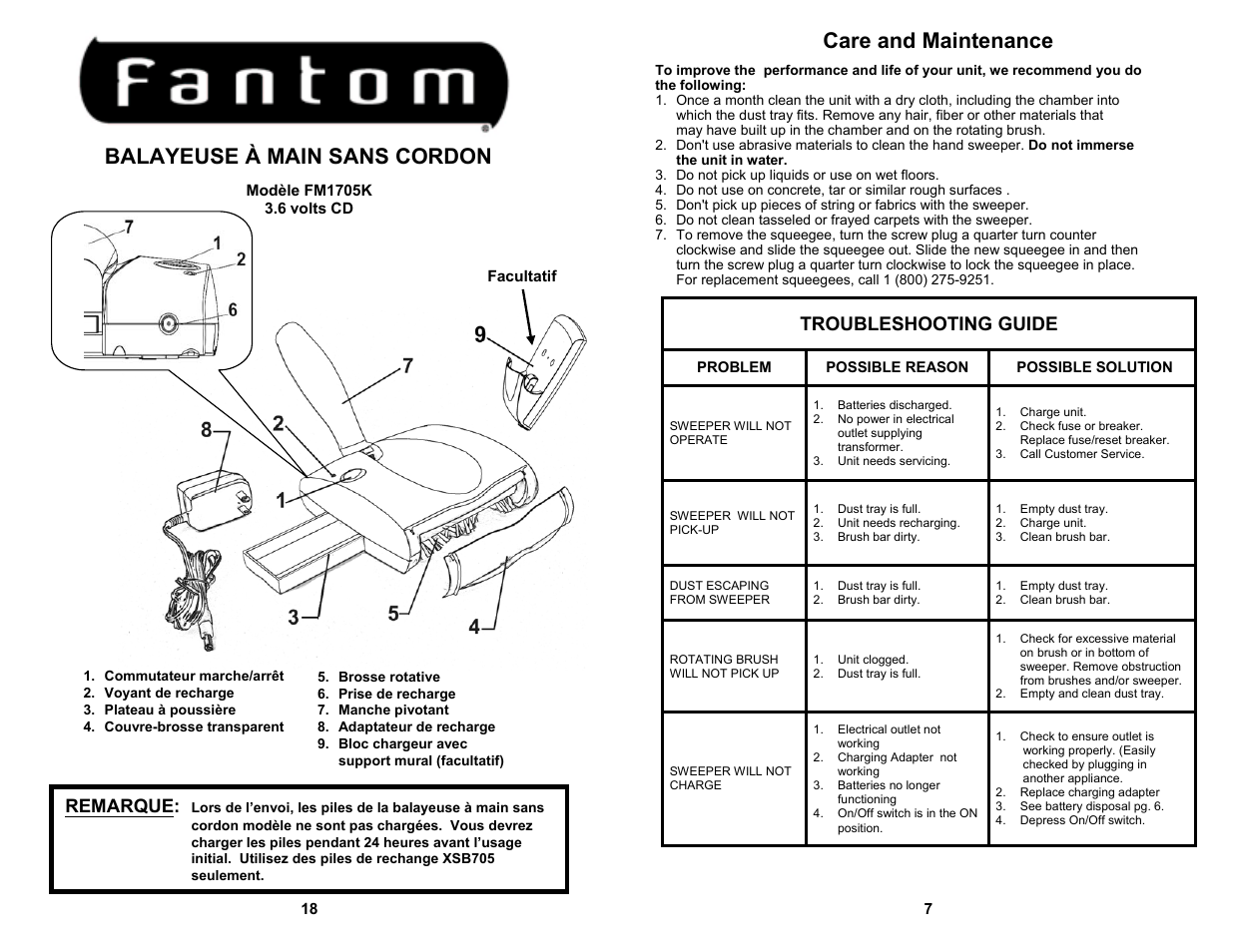 Care and maintenance, Balayeuse à main sans cordon, Troubleshooting guide | Remarque | Fantom Vacuum FM1705K User Manual | Page 9 / 14
