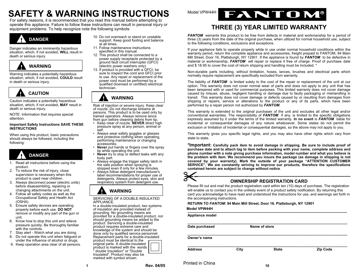 Safety & warning instructions, Three (3) year limited warranty | Fantom Vacuum VPW44H User Manual | Page 2 / 6