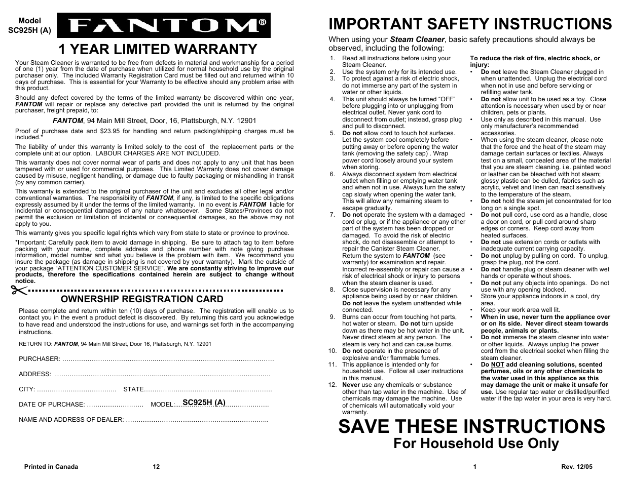 Save these instructions, Important safety instructions, For household use only | 1 year limited warranty, Ownership registration card | Fantom Vacuum THE SPECIALIST SC925H User Manual | Page 3 / 8