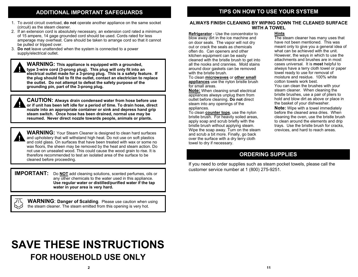 Save these instructions, For household use only | Fantom Vacuum THE SPECIALIST SC925H User Manual | Page 4 / 8