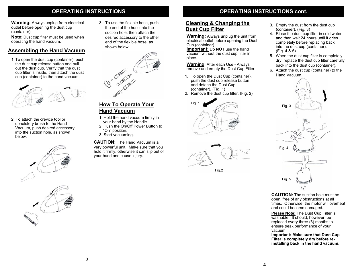 Operating instructions operating instructions cont, Cleaning & changing the dust cup filter, Assembling the hand vacuum | How to operate your hand vacuum | Fantom Vacuum FM401 User Manual | Page 4 / 4