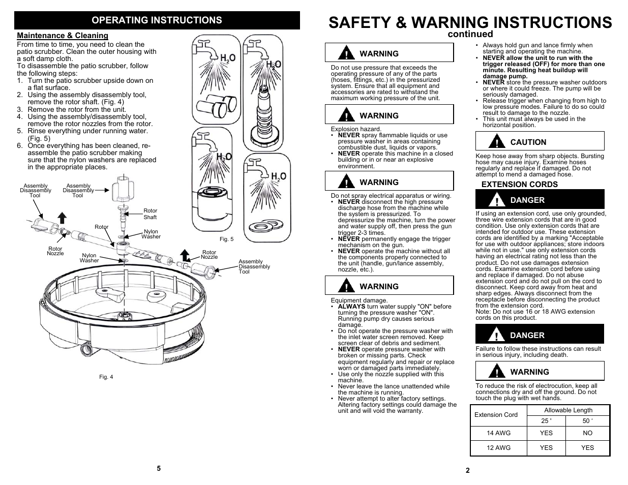 Safety & warning instructions, Continued, Operating instructions | Fantom Vacuum PATIO SCRUBBER PS46H User Manual | Page 3 / 4