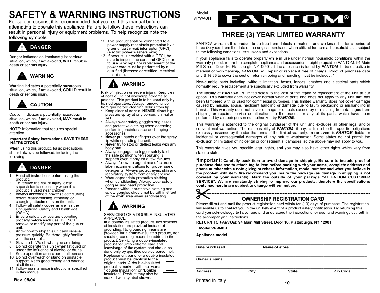 Safety & warning instructions, Three (3) year limited warranty | Fantom Vacuum FANTOM VPW40H User Manual | Page 2 / 6