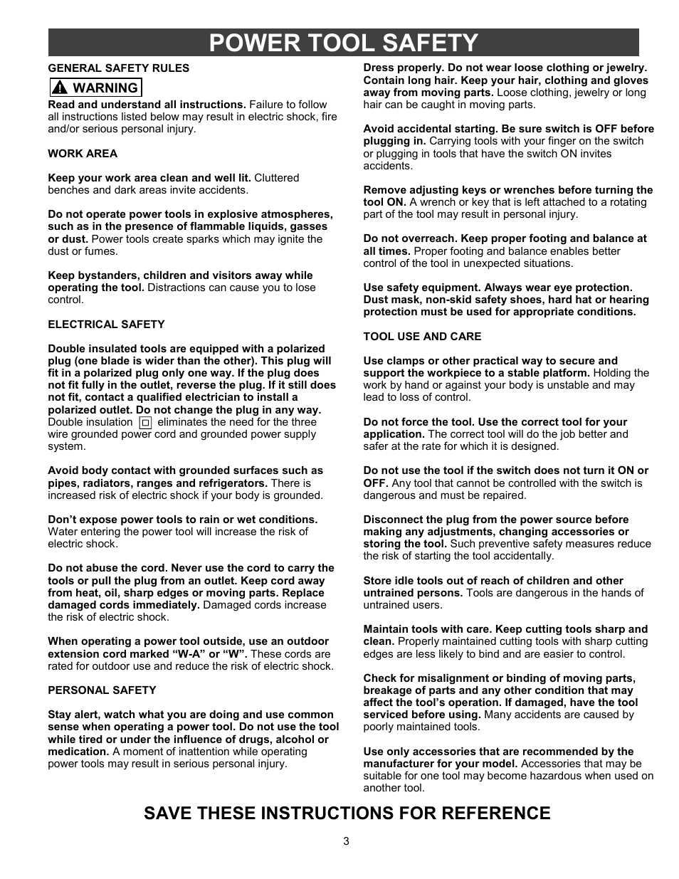 Work area, Electrical safety, Personal safety | Tool use and care, Power tool safety, Save these instructions for reference | Fantom Vacuum FANTOM PT302H User Manual | Page 3 / 18