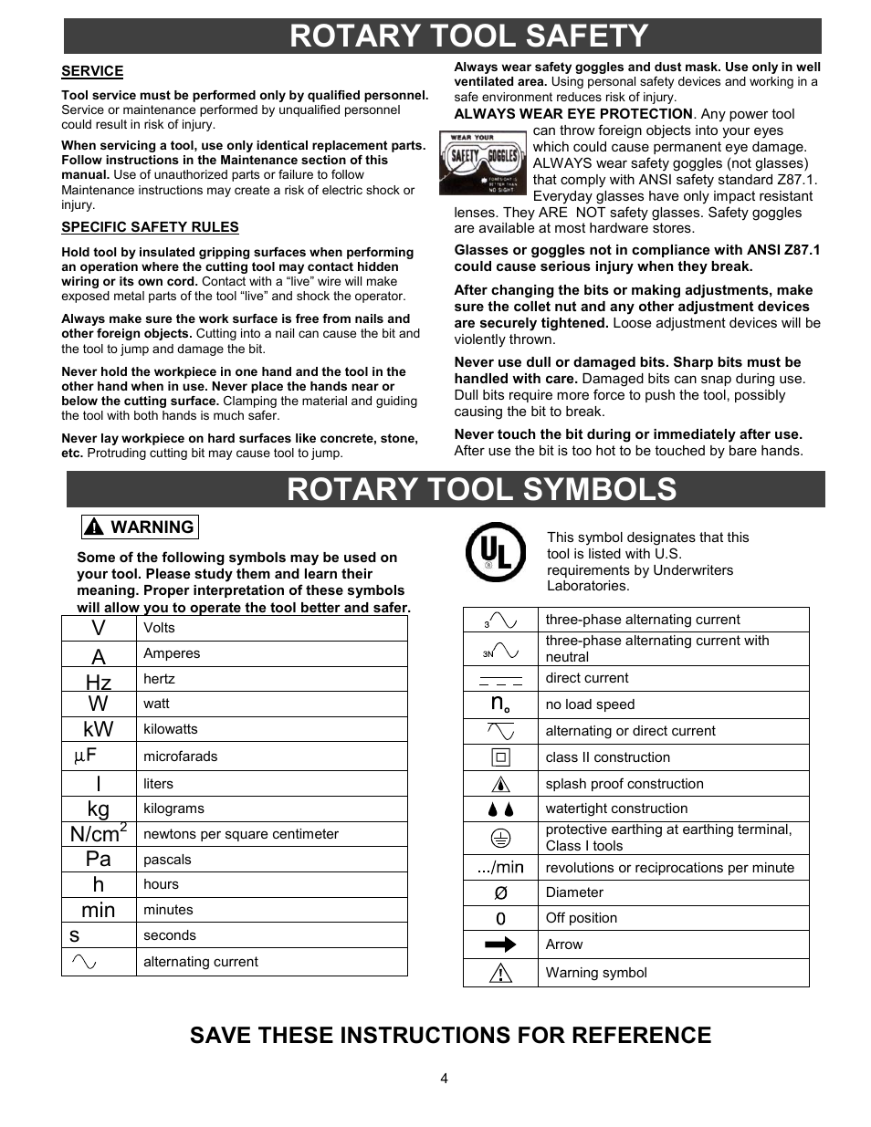 Specific safety rules, Rotary tool symbols, Rotary tool safety | Save these instructions for reference, N/cm | Fantom Vacuum FANTOM PT302H User Manual | Page 4 / 18