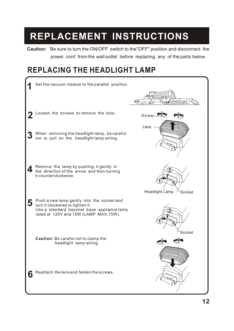 Replacement instructions, Replacing the headlight lamp | Fantom Vacuum FM741B User Manual | Page 13 / 18