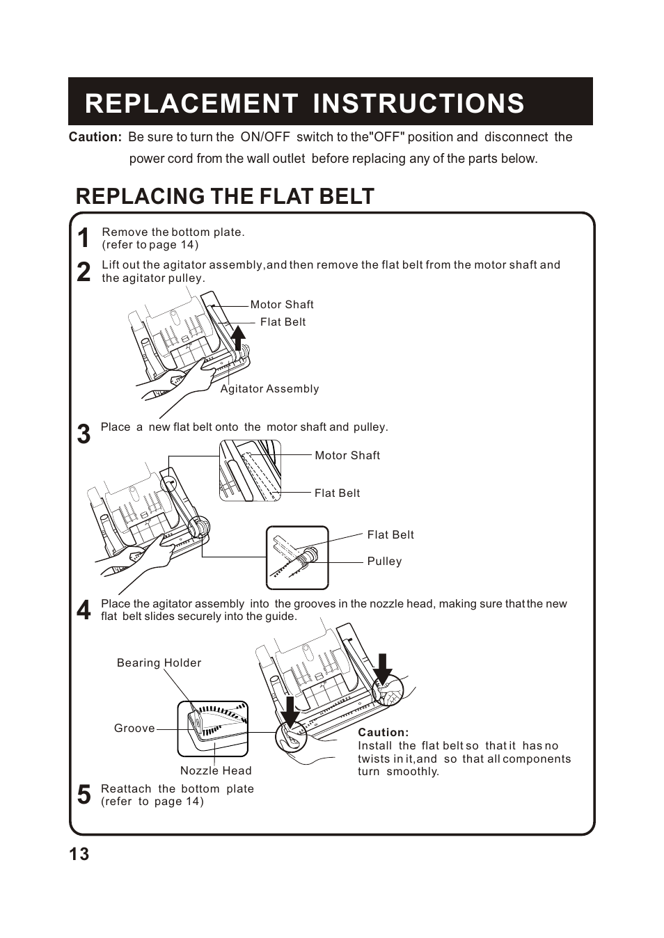 Replacement instructions, Replacing the flat belt | Fantom Vacuum FM741B User Manual | Page 14 / 18