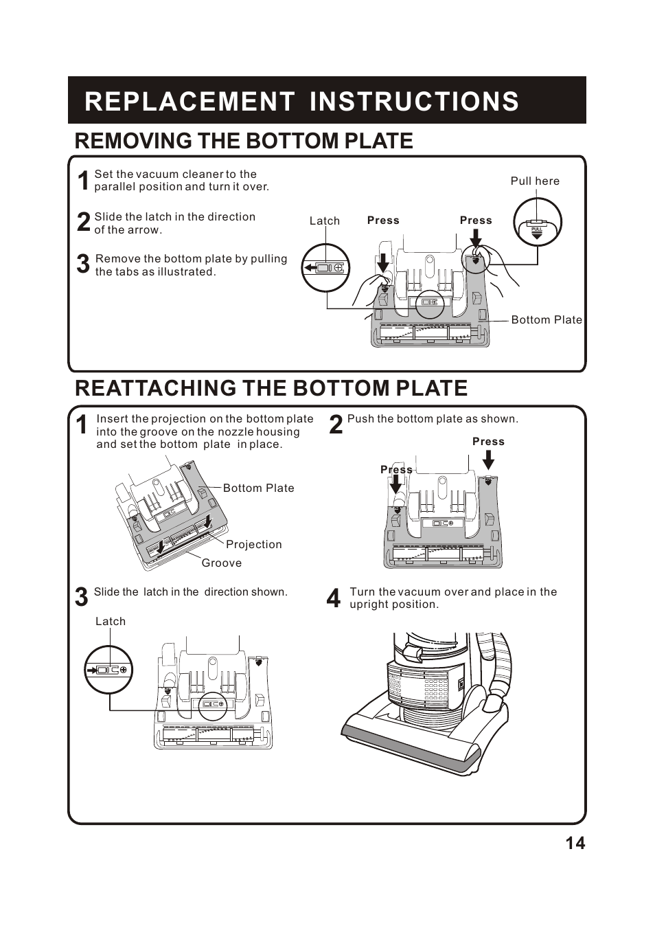 Removing the bottom plate, Reattaching the bottom plate | Fantom Vacuum FM741B User Manual | Page 15 / 18