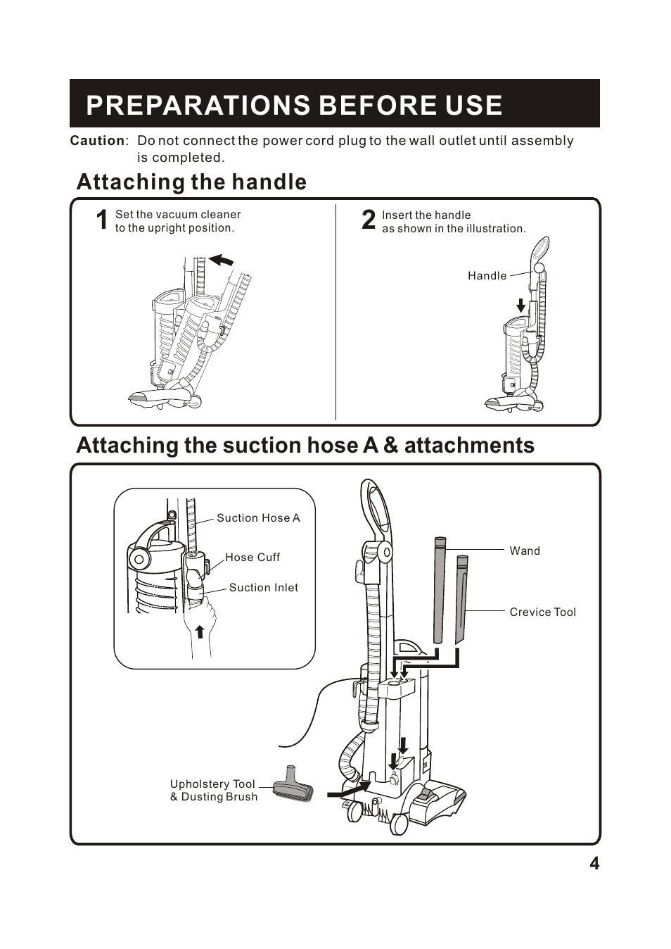 Т³гж 5, Preparations before use, Attaching the handle | Attaching the suction hose a & attachments | Fantom Vacuum FM741B User Manual | Page 5 / 18