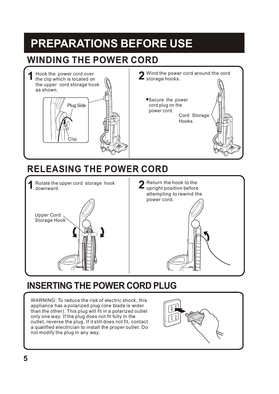 Т³гж 6, Preparations before use, Winding the power cord | Releasing the power cord, Inserting the power cord plug | Fantom Vacuum FM741HR User Manual | Page 6 / 18