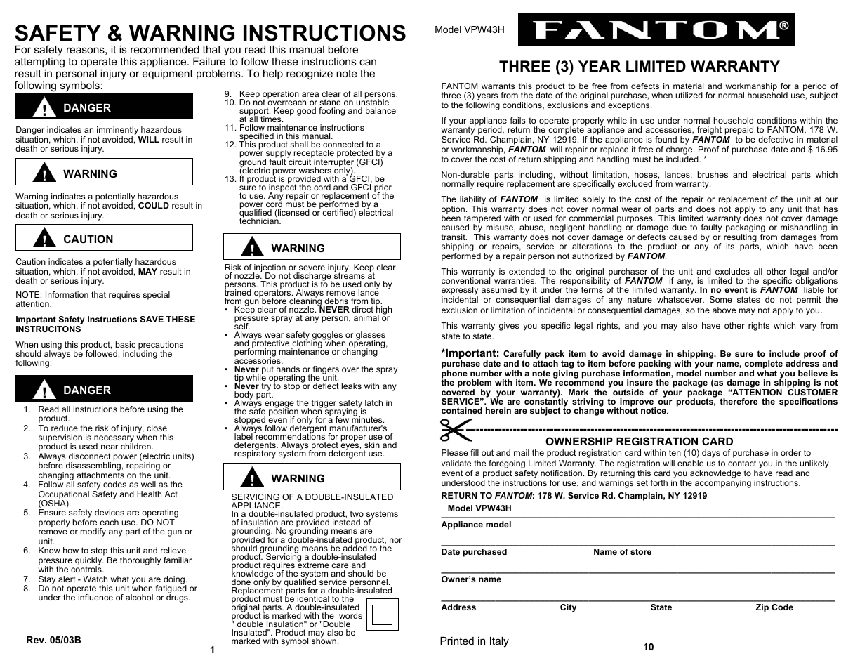 Safety & warning instructions, Three (3) year limited warranty | Fantom Vacuum VPW43H User Manual | Page 2 / 6