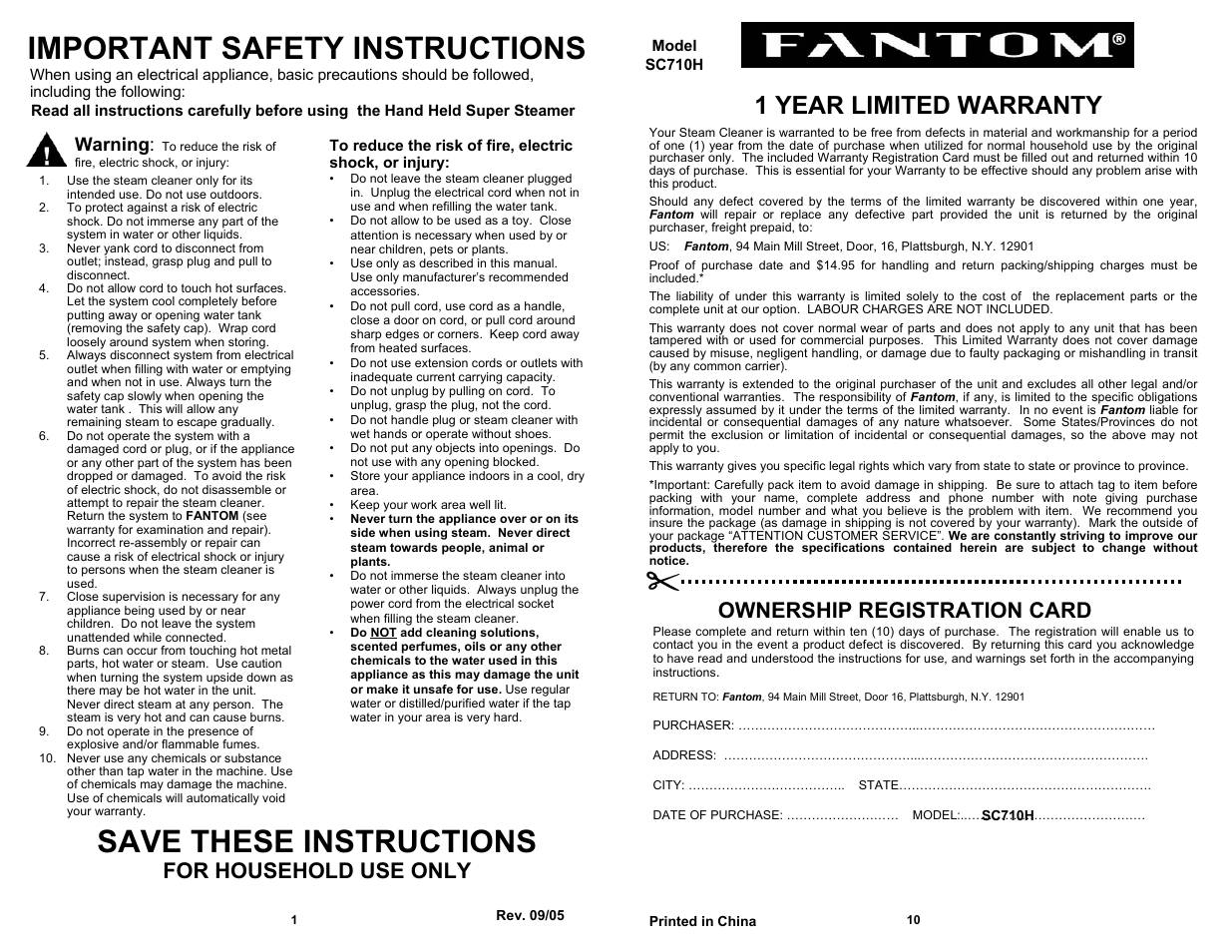 Important safety instructions, Save these instructions, 1 year limited warranty | Ownership registration card, For household use only, Warning | Fantom Vacuum SC710H User Manual | Page 2 / 6