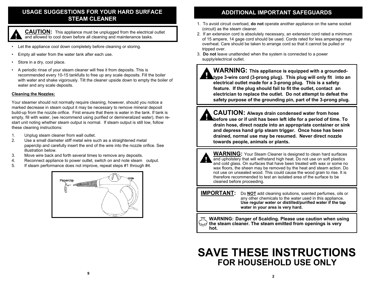 Save these instructions, For household use only, Warning | Caution | Fantom Vacuum SC710H User Manual | Page 3 / 6