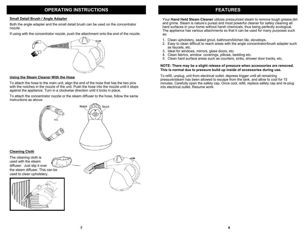 Operating instructions features | Fantom Vacuum SC710H User Manual | Page 5 / 6