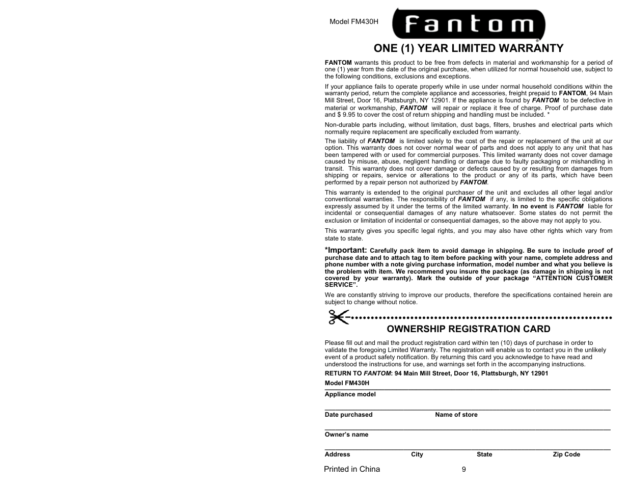 One (1) year limited warranty, Ownership registration card | Fantom Vacuum FM430H User Manual | Page 2 / 6
