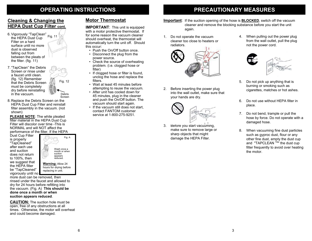 Precautionary measures operating instructions, Cleaning & changing the hepa dust cup filter, Motor thermostat | Fantom Vacuum FM430H User Manual | Page 5 / 6