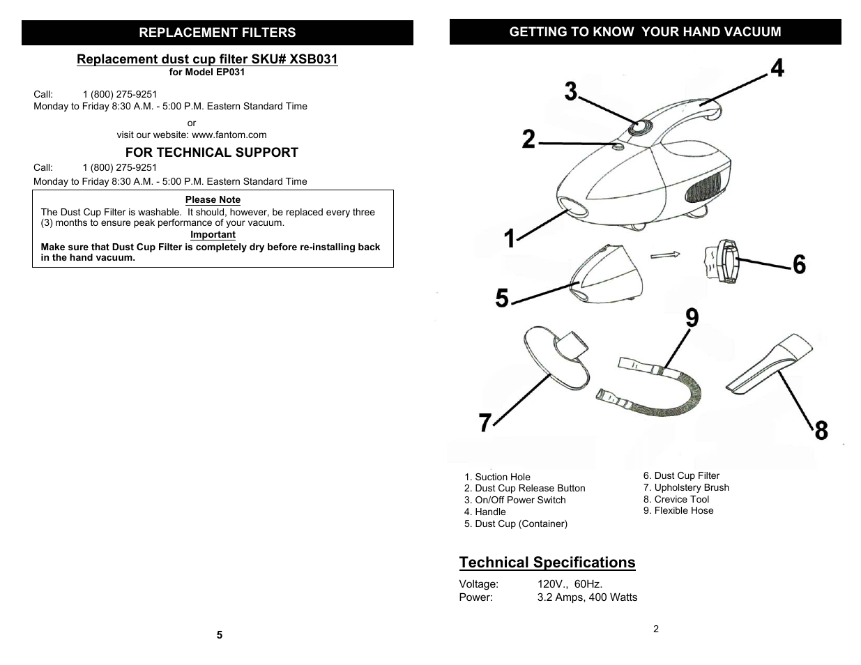 Technical specifications | Fantom Vacuum EP031F User Manual | Page 3 / 4