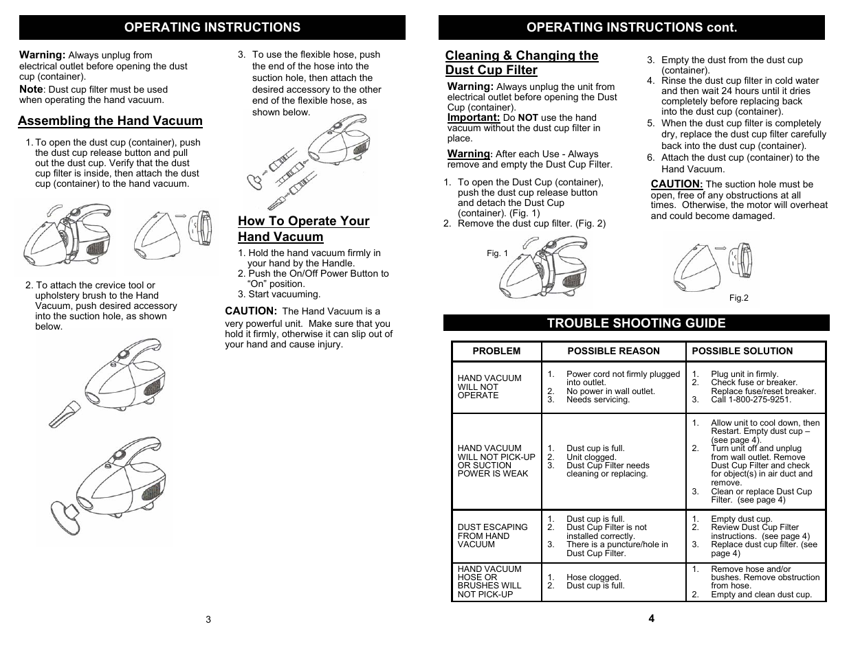 Operating instructions operating instructions cont, How to operate your hand vacuum, Cleaning & changing the dust cup filter | Assembling the hand vacuum, Trouble shooting guide | Fantom Vacuum EP031F User Manual | Page 4 / 4