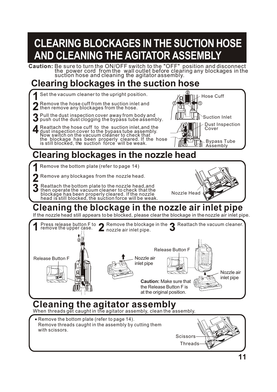 Cleaning the blockage in the nozzle air inlet pipe, Clearing blockages in the suction hose, Clearing blockages in the nozzle head | Cleaning the agitator assembly | Fantom Vacuum FM760 User Manual | Page 13 / 19