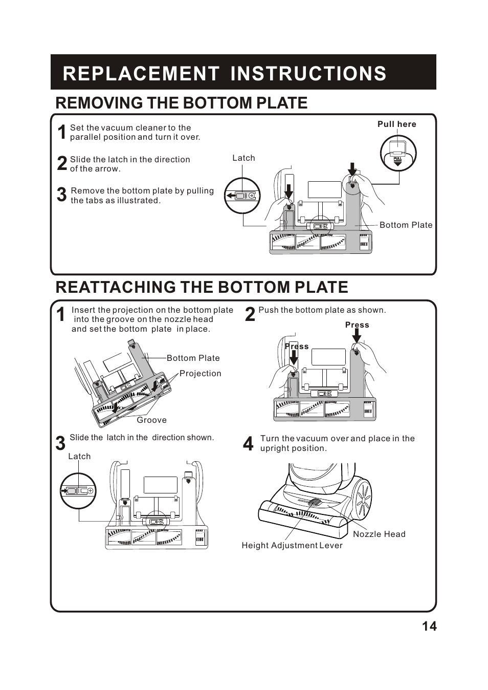 Т³гж 15, Removing the bottom plate, Reattaching the bottom plate | Fantom Vacuum FM760 User Manual | Page 16 / 19