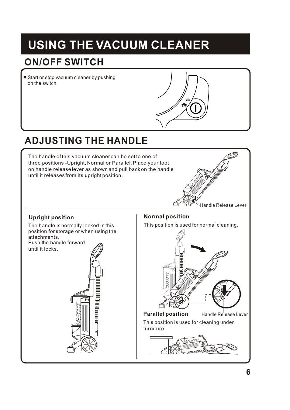 Т³гж 7, Using the vacuum cleaner, On/off switch | Adjusting the handle | Fantom Vacuum FM760 User Manual | Page 8 / 19
