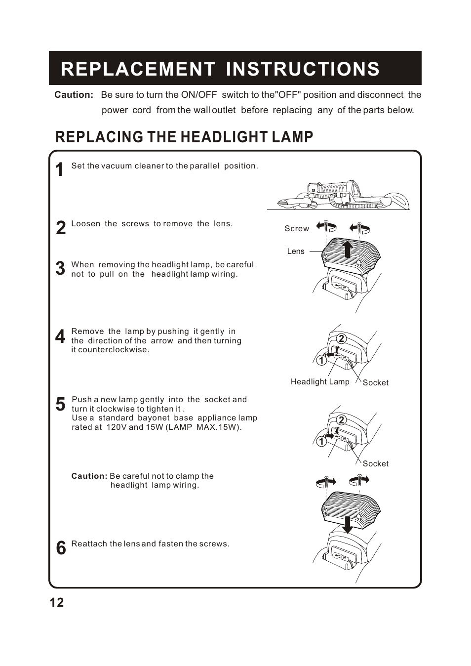 Т³гж 13, Replacement instructions, Replacing the headlight lamp | Fantom Vacuum FM742CS User Manual | Page 14 / 19