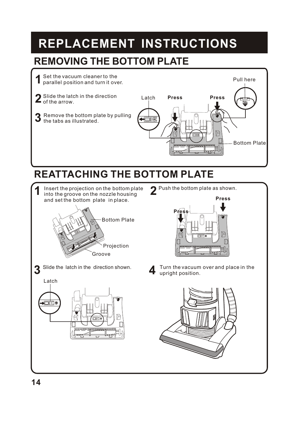 Т³гж 15, Removing the bottom plate, Reattaching the bottom plate | Fantom Vacuum FM742CS User Manual | Page 16 / 19