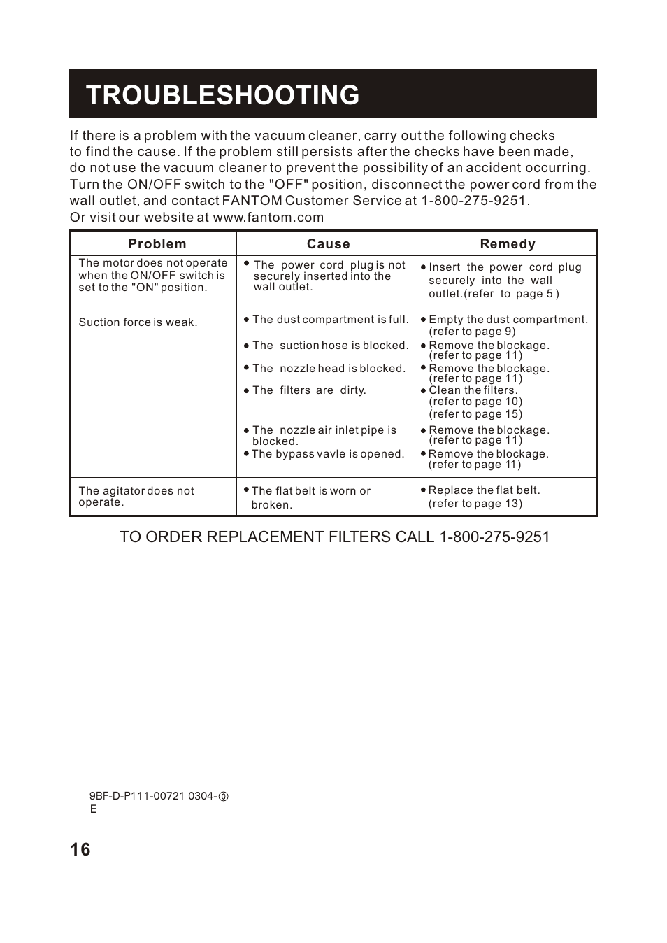 Т³гж 17, Troubleshooting | Fantom Vacuum FM742CS User Manual | Page 18 / 19