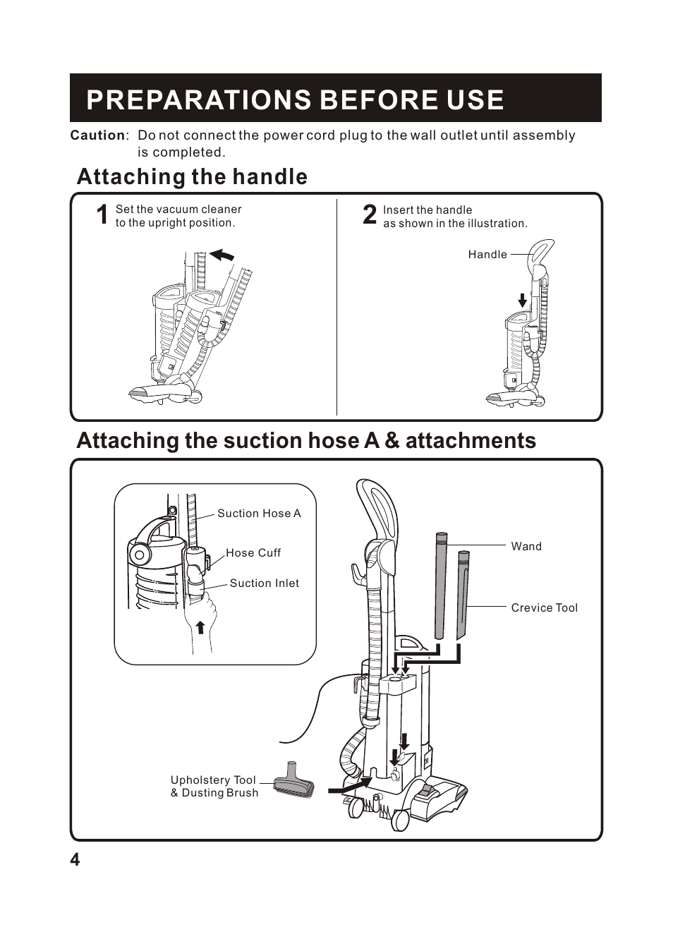 Т³гж 5, Preparations before use, Attaching the handle | Attaching the suction hose a & attachments | Fantom Vacuum FM742CS User Manual | Page 6 / 19