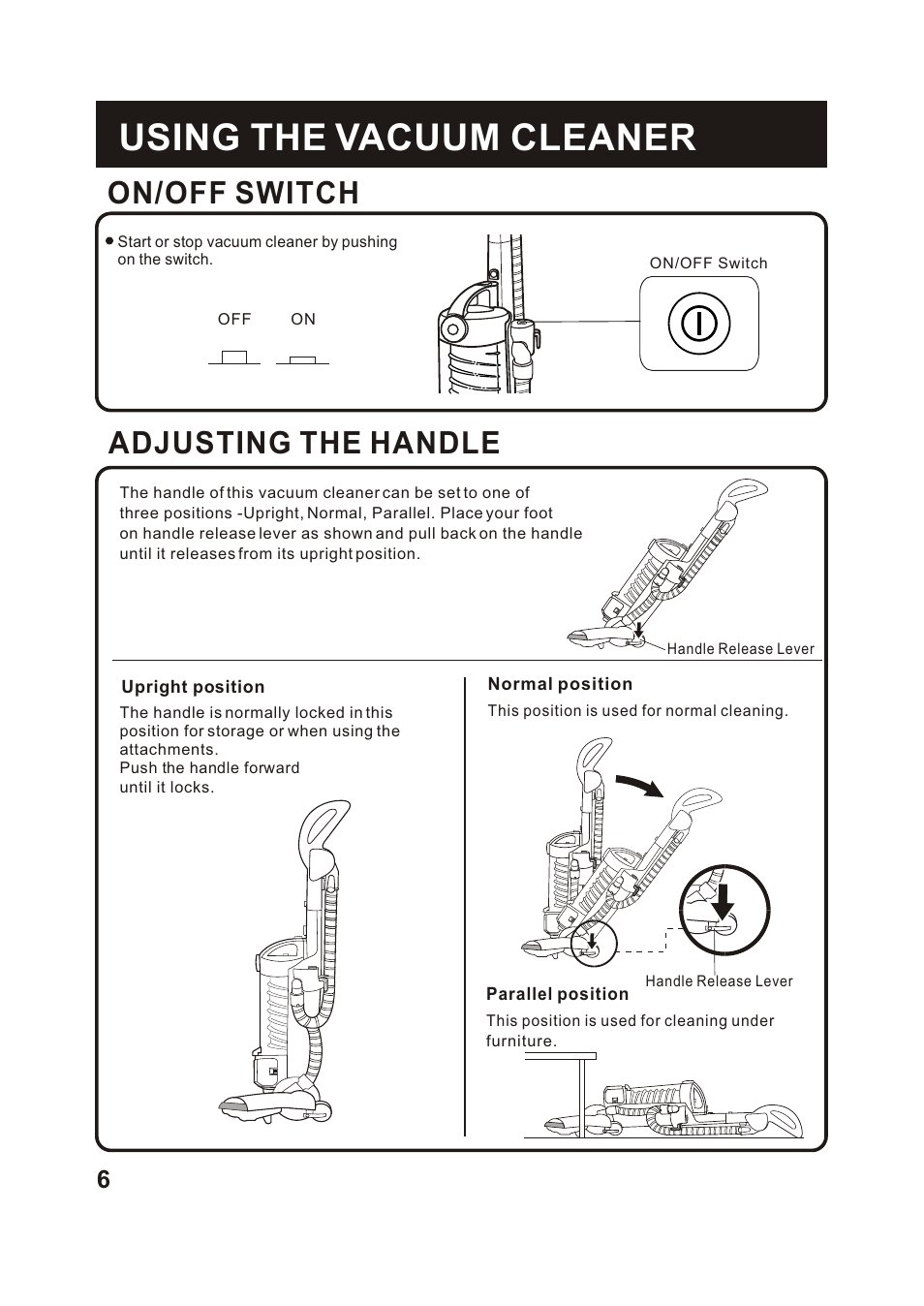 Т³гж 7, Using the vacuum cleaner, On/off switch | Adjusting the handle | Fantom Vacuum FM742CS User Manual | Page 8 / 19