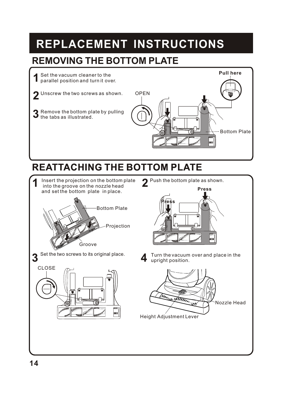 Т³гж 15, Reattaching the bottom plate, Removing the bottom plate | Fantom Vacuum FANTOM FM780 User Manual | Page 15 / 17