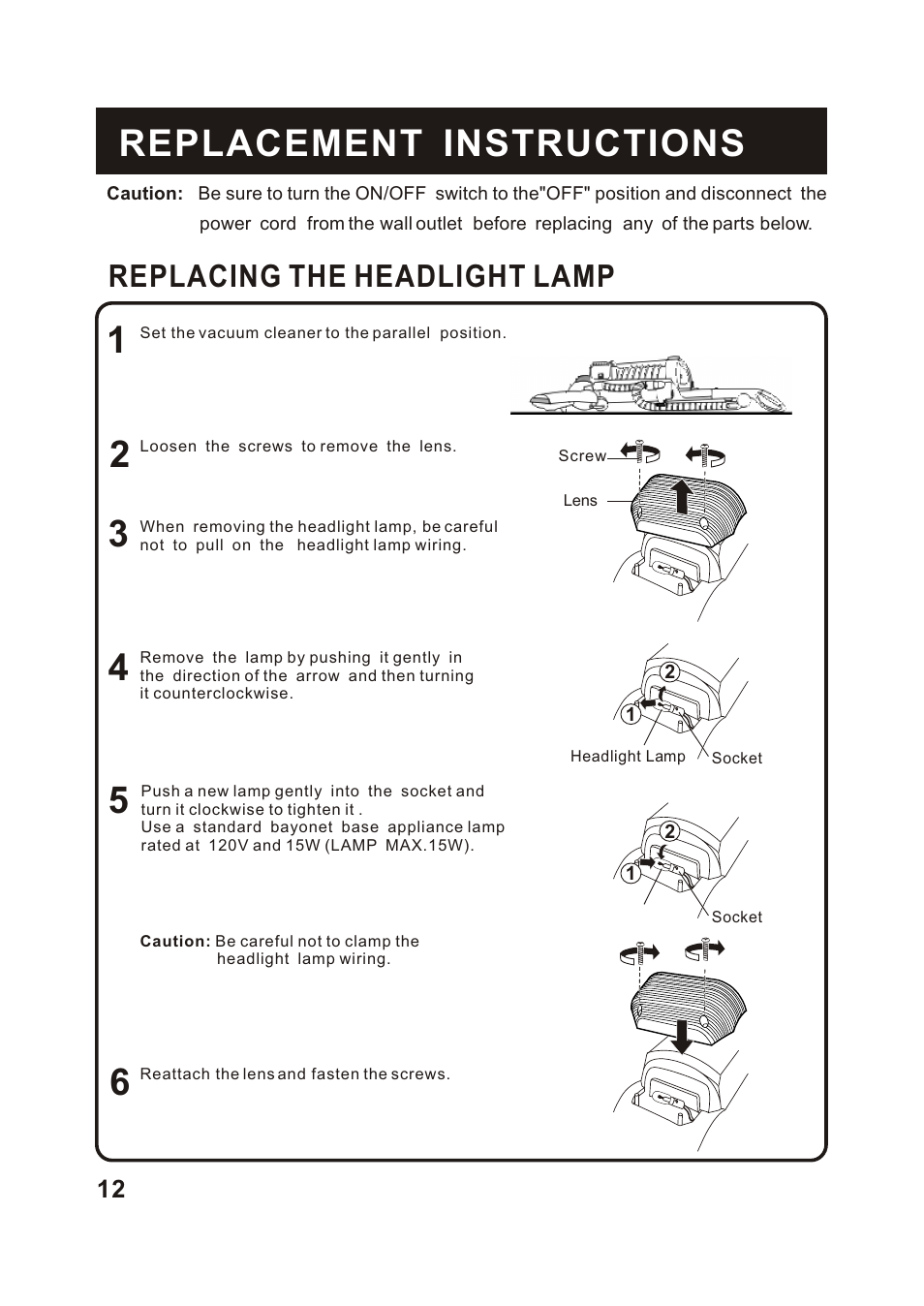 Т³гж 13, Replacement instructions, Replacing the headlight lamp | Fantom Vacuum FM743 User Manual | Page 13 / 18