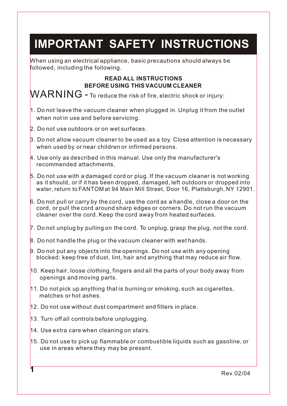Т³гж 2, Important safety instructions, Warning | Fantom Vacuum FM743 User Manual | Page 2 / 18