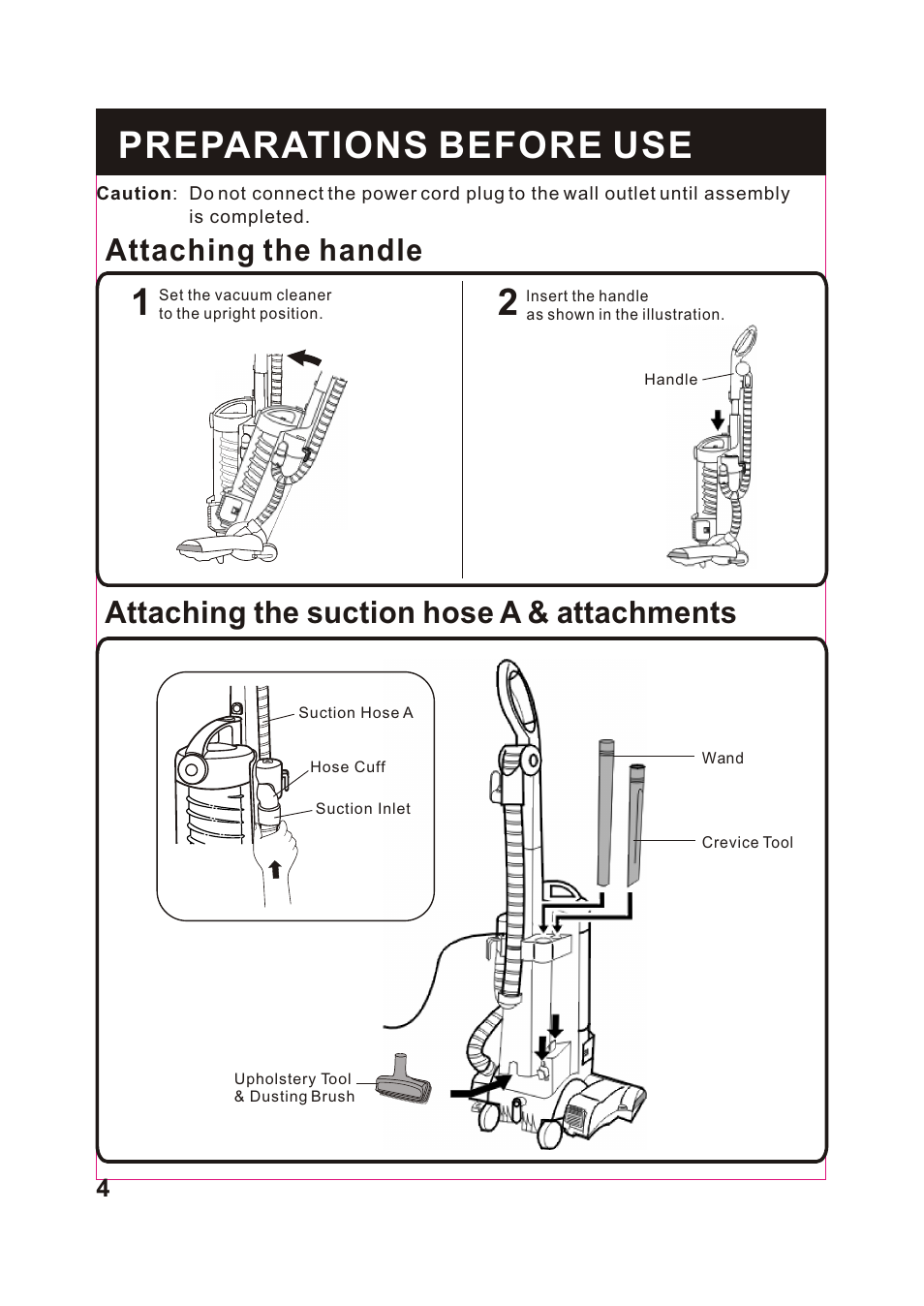 Т³гж 5, Preparations before use, Attaching the handle | Attaching the suction hose a & attachments | Fantom Vacuum FM743 User Manual | Page 5 / 18