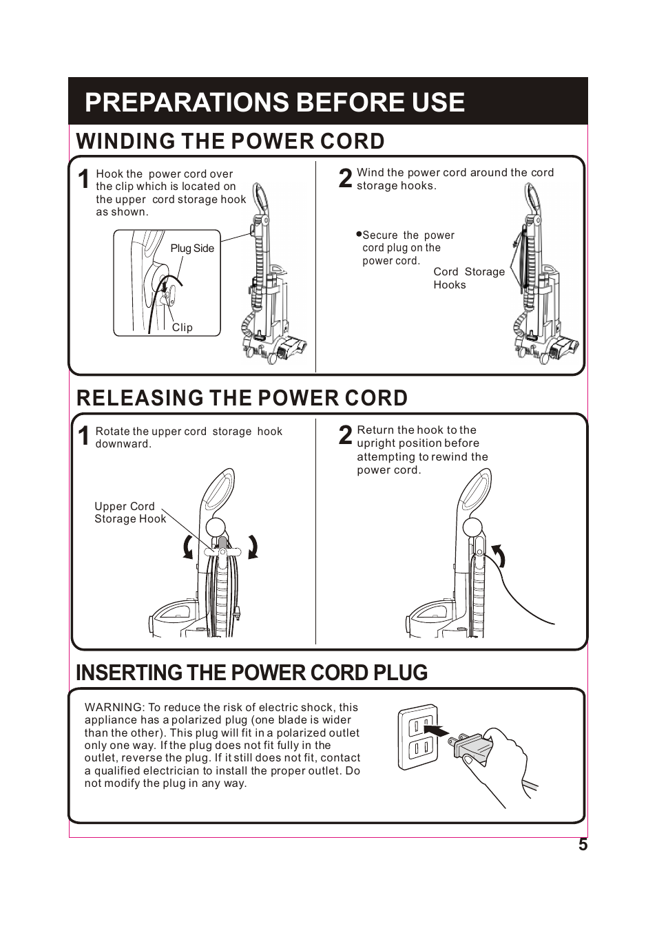 Т³гж 6, Preparations before use, Releasing the power cord | Winding the power cord, Inserting the power cord plug | Fantom Vacuum FM743 User Manual | Page 6 / 18