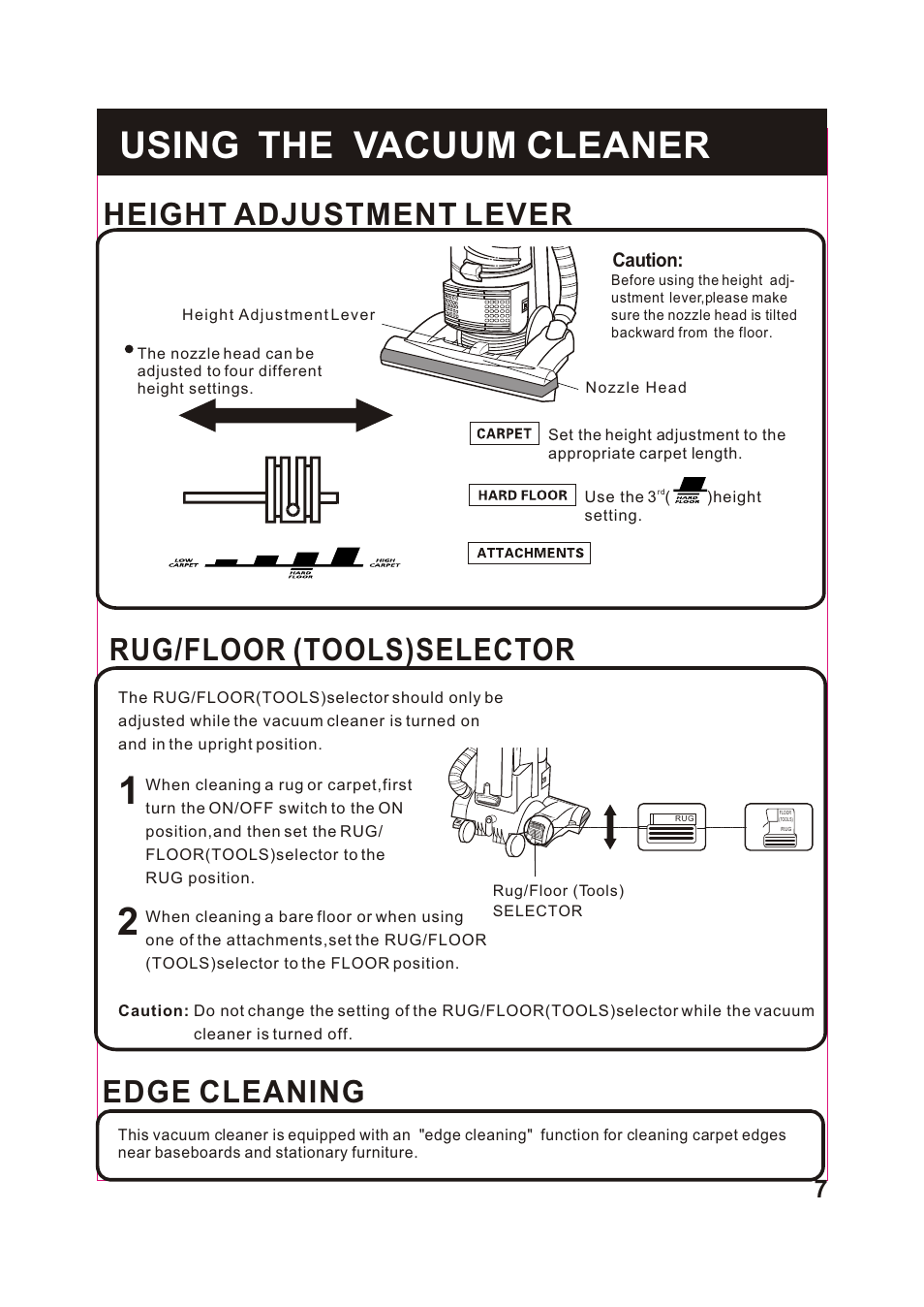 Т³гж 8, Using the vacuum cleaner, Edge cleaning | Rug/floor (tools)selector, Height adjustment lever | Fantom Vacuum FM743 User Manual | Page 8 / 18