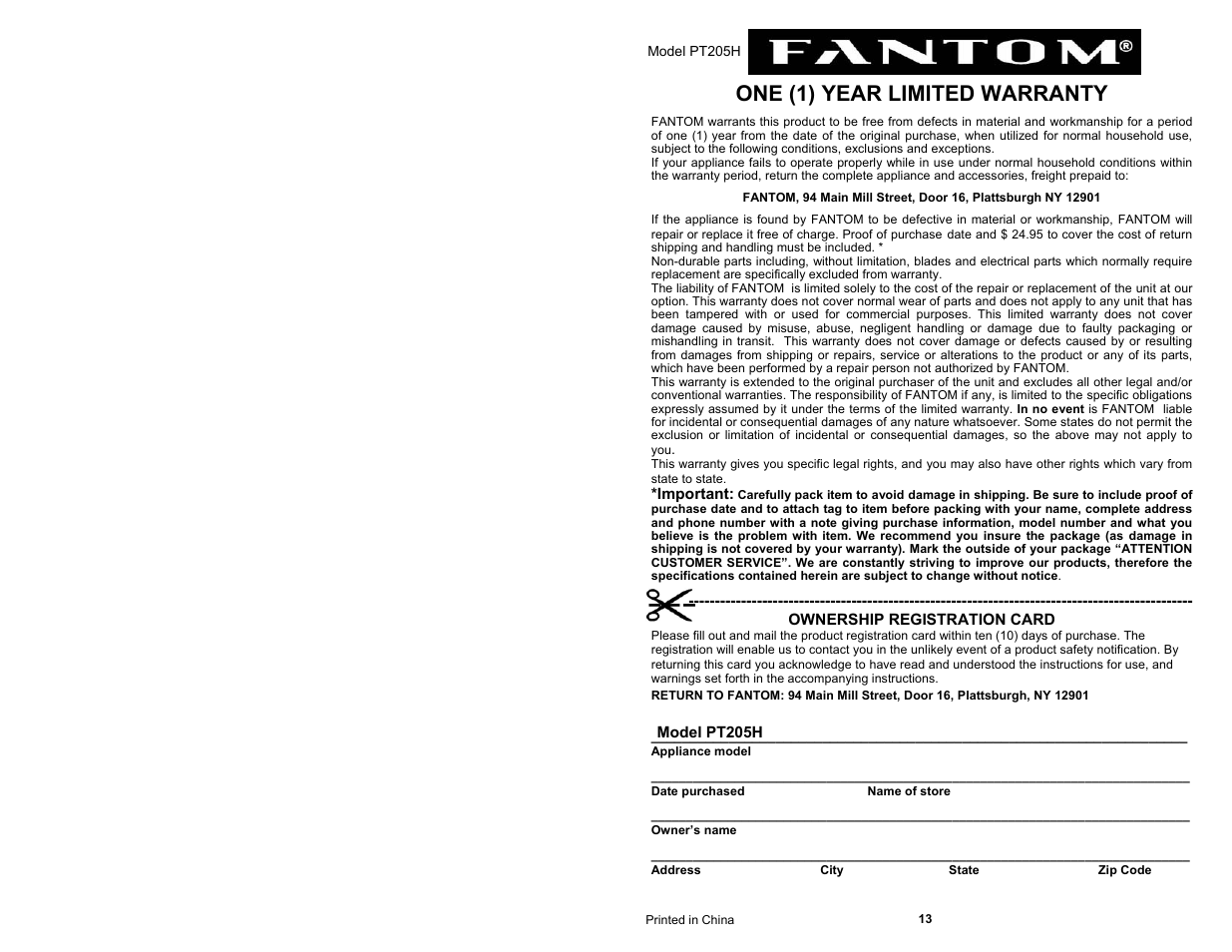 One (1) year limited warranty | Fantom Vacuum PT205H User Manual | Page 2 / 8