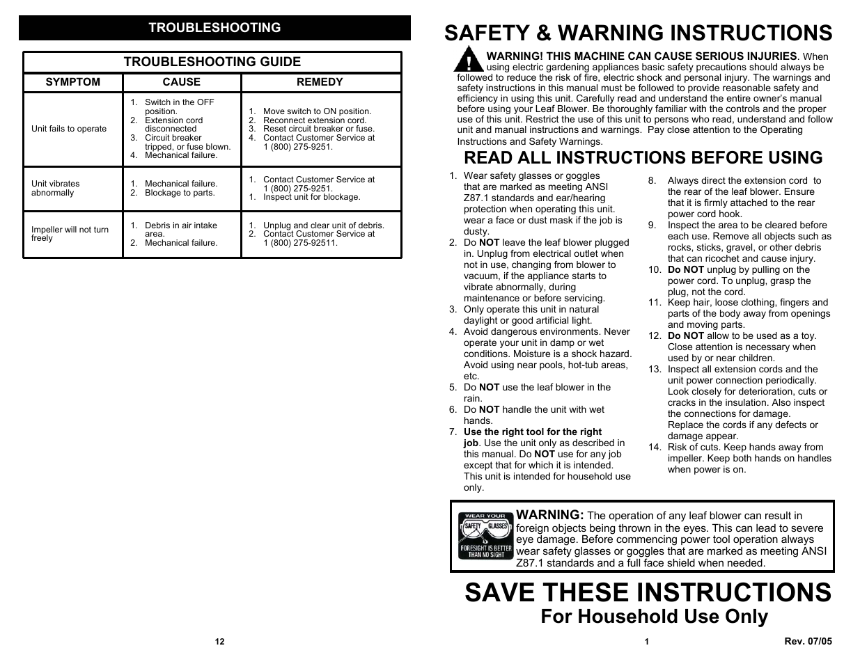 Save these instructions, Safety & warning instructions, For household use only | Read all instructions before using | Fantom Vacuum PT205H User Manual | Page 3 / 8